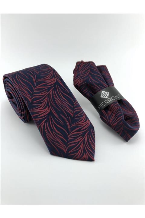 PİERRONİ Lacivert Kırmızı Desenli Mendilli Kravat