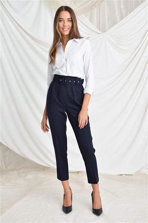 Zafoni Kadın Lacivert Beli Kemerli Havuç Pantolon