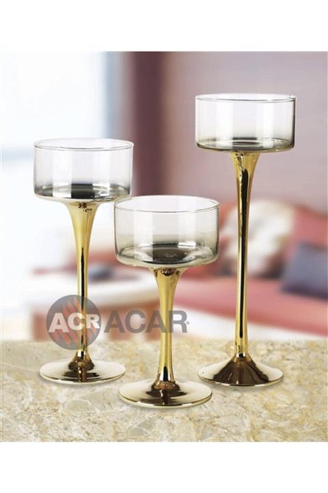 ACAR Cam Lüks 3'lü Şamdan Mumluk Takımı - Gold