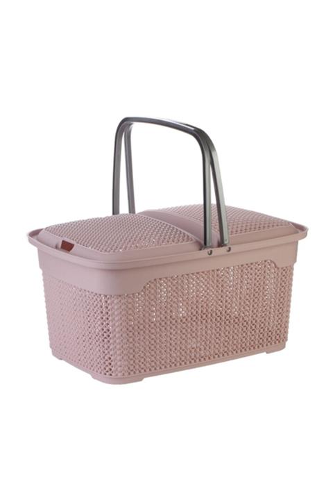 esmınahome Damla Örgülü Piknik Sepeti Pembe Beyaz 30 Litre 1.kalite Plastik