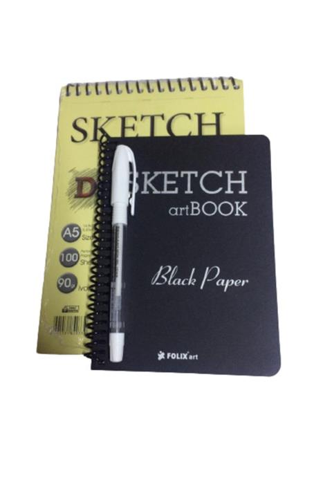 FOLİX ART Karakalem Eskiz Seti 1ad A5 100 Yaprak Ivory Eskiz-1 Adet 12x17 Siyah Defter-1adet Beyaz Jel Kalem