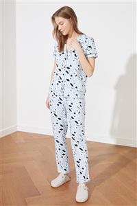 TRENDYOLMİLLA Mavi Grafik Desenli Örme Pijama Takımı THMSS19IP0037