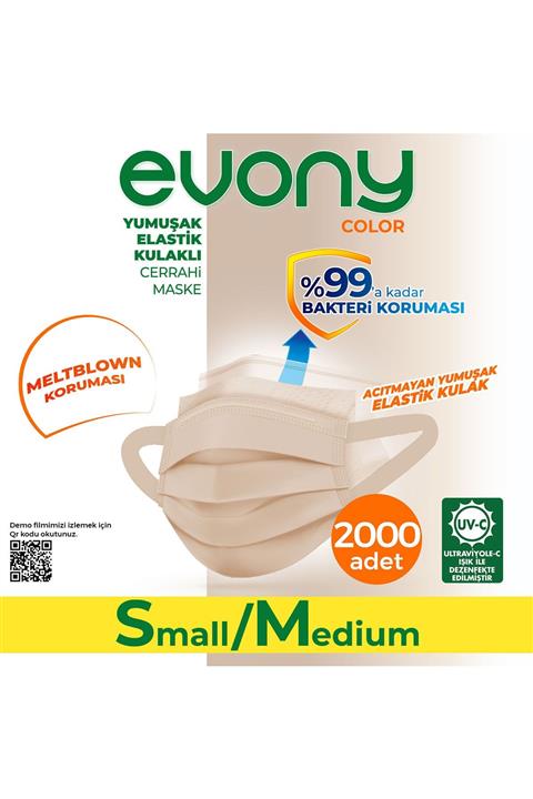 Evony Color Bej Yumuşak Elastik Kulaklı Maske 2000 Adet