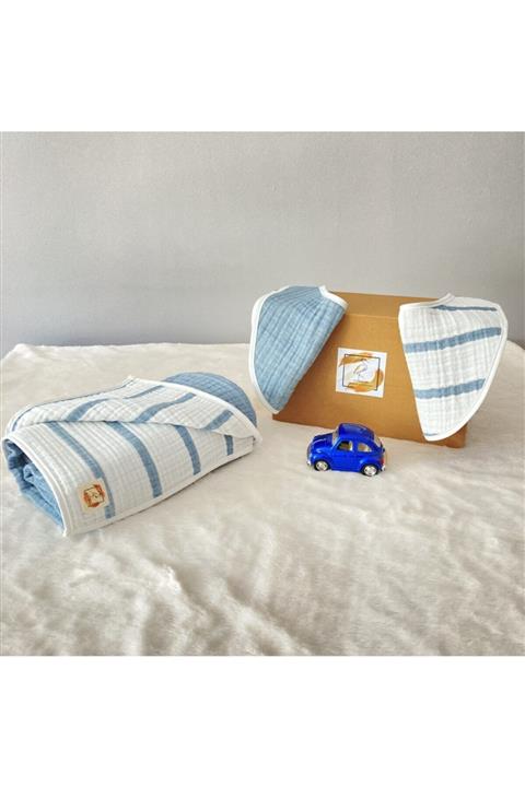 SECbabycollection  Mavi Multi Müslin Battaniye Önlük Takımı