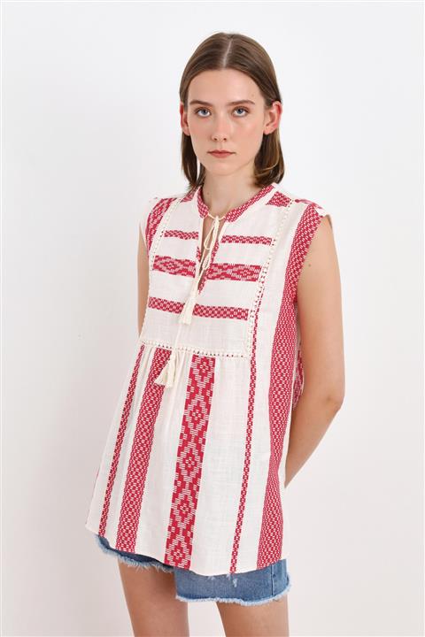 Love My Body Empirme Kırmızı Etnik Desenli Yanları Yırtmaçlı Tunik 177L7186001