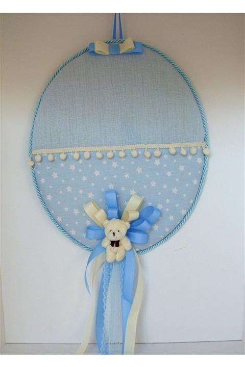 Mybabytasarım Mavi Oval Bebek Kapı Süsü Ve Altın Yastıgı