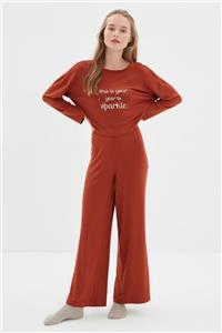 TRENDYOLMİLLA Kahverengi Slogan Baskılı Örme Pijama Takımı THMAW22PT1201