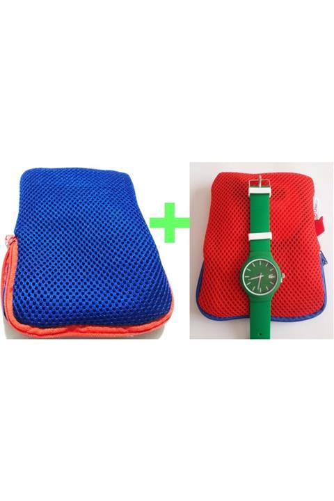 Modello Mavi ve Kırmızı 2 Adet Makyaj Çantası & Renkli Silikon Kordonlu Kol Saati Hediyeli