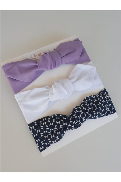 özz butik Swan Butik Kız Çocuk Bebek Bandana Toka Seti 3'lü Lacivert Desenli, Lila, Beyaz