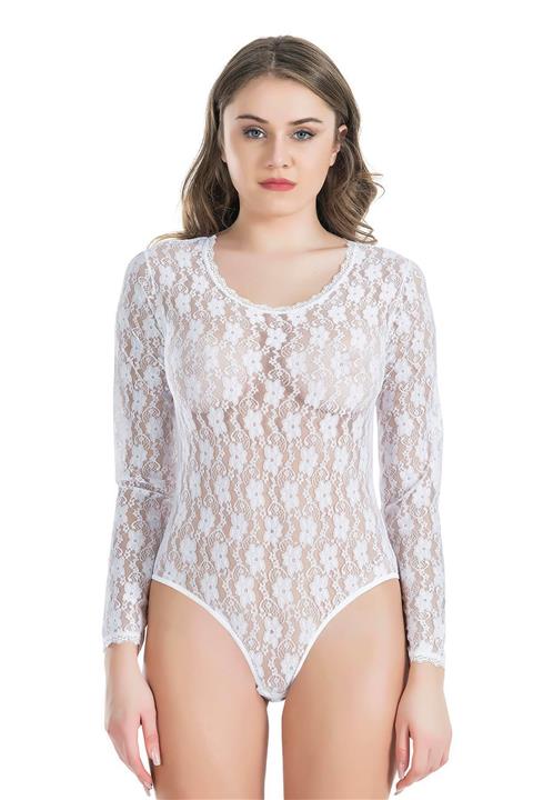 Derya Kurşun Bisiklet Yaka Dantelli Çıtçıtlı Kadın Body 327 - Beyaz, L