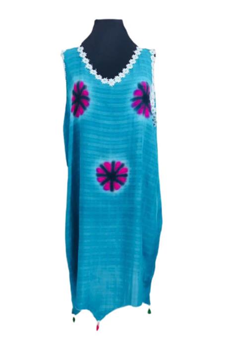 eLm Mavi Otantik Etnik Pamuklu Yakası Işlemeli Elbise