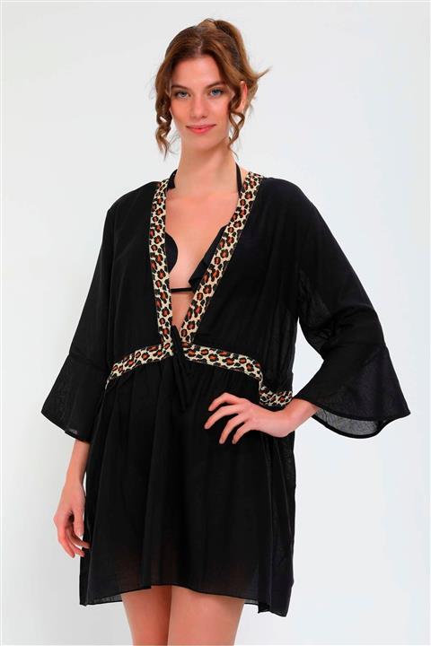 Endeep Kadın Leopar Şerit Detaylı Siyah Plaj Elbisesi