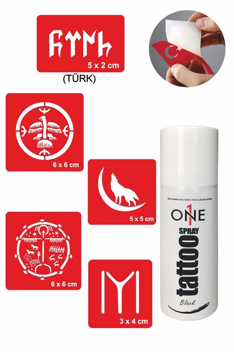 ONE SPRAY TATTOO Göktürkçe Kayı Dövmesi Geçici Dövme Seti Siyah Sprey Ve 5 Desen