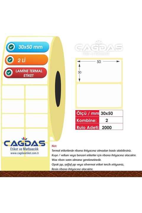 CGDS Lamine Termal Barkod Etiket Stıcker 30x50 Mm Ikili 1000 Ad -lt3050