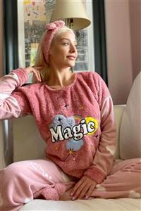 Pijamaevi Pembe Magic Desenli Kadın Peluş Polar Pijama Takımı