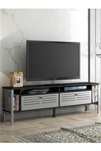 Wood'n Love Roma Premium Gümüş Altıgen Desen Metal Ayaklı Metal Kapaklı Dolaplı Tv Ünitesi - Wood Si