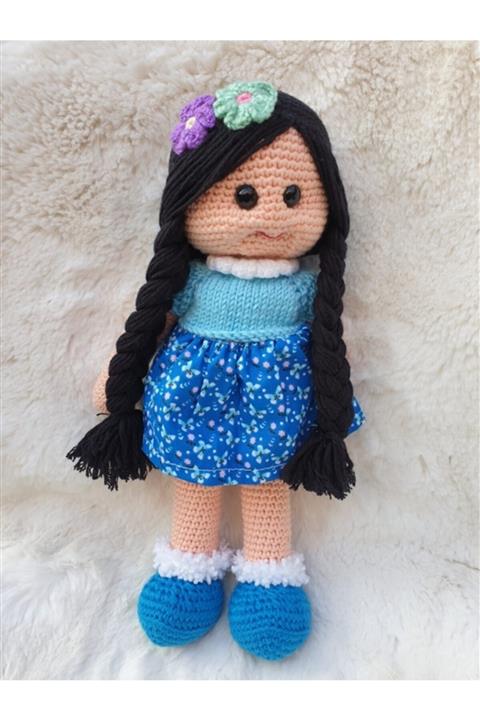 ButikSosyetik Mavi Elbiseli Amigurumi  Oyuncak Bebek 32 cm