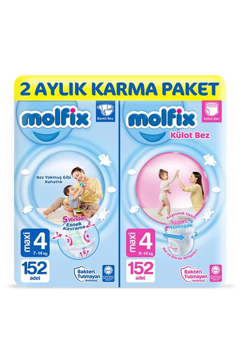 Molfix Bebek Bezi + Külot Bez 4 Beden 2 Aylık Karma Paket 304 Adet