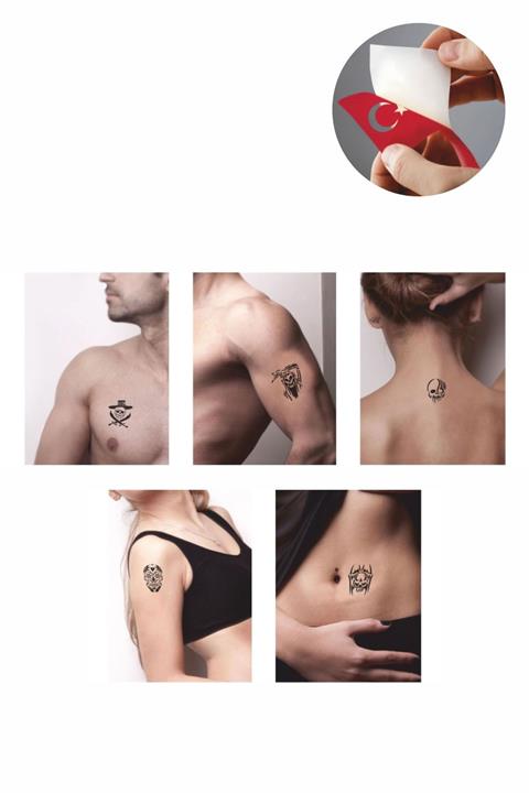 ONE SPRAY TATTOO Korsan Kurukafa Dövmesi Geçici Dövme Seti Siyah Sprey Ve 5 Desen