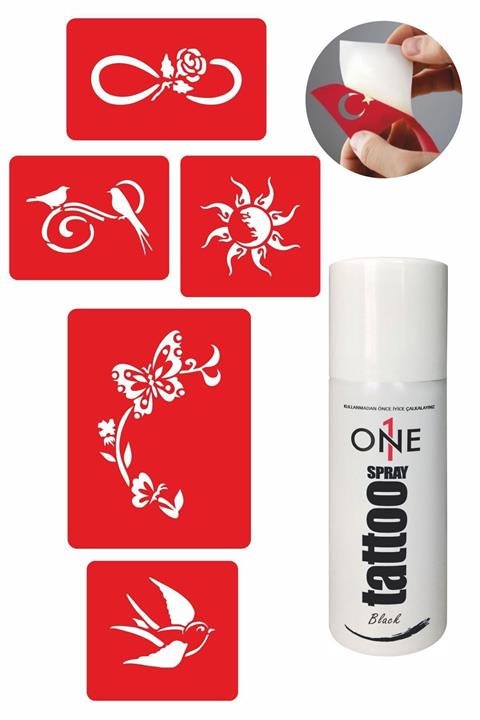 ONE SPRAY TATTOO Kırlangıç Güneş Dövmesi Siyah Tattoo Sprey Ve 5 Adet Geçici Dövme Deseni Seti
