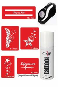 ONE SPRAY TATTOO Şerit Tüy Geçici Dövme Seti Siyah Sprey, 5 Desen Ve Denge Bilekliği