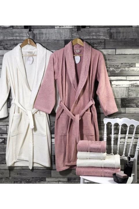 gonca tekstil Sarra Home %100 Pamuk 6 Parça Aile Bornoz Seti Gül Kurusu-beyaz