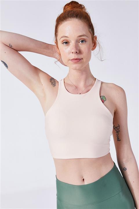 VAYU Kadın Krem Halter Yaka Tül Detaylı Yoga ve Pilates Sporcu Sütyeni