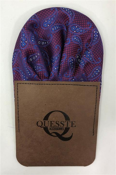 Quesste Accessory Erkek Bordo Mavi Desenli Hazır Katlanmış Cep Yaka Mendili
