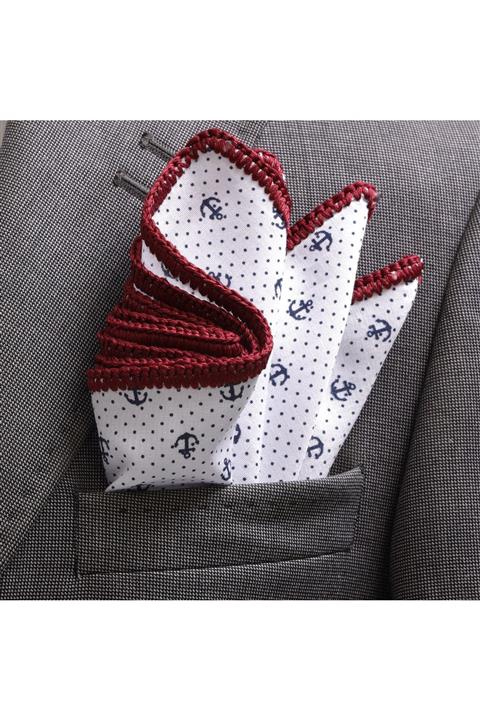 Exve Exclusive Erkek Beyaz Çapa Desen Denizci Kenar Örgülü Cep Mendili