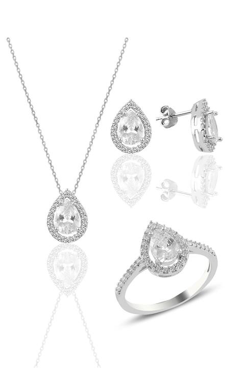 Söğütlü Silver Gümüş Rodyumlu Zirkon Taşlı Damla Modeli Üçlü Set