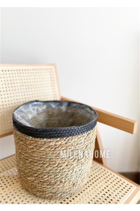 Milena Home Siyah Şeritli Içi Poşetli Hasır Saksılık