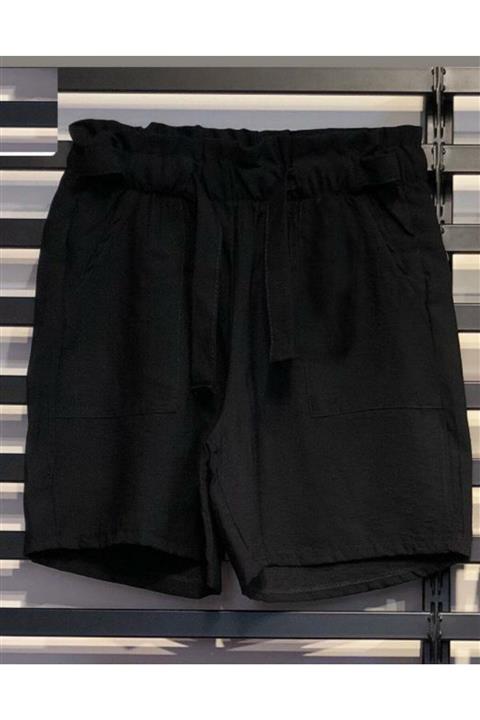 MUSMERY Siyah Kadın Keten Şort