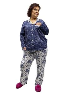 TİESSİ Kadın Lacivert Büyük Beden Kombinli Önden Düğmeli Pijama Takımı
