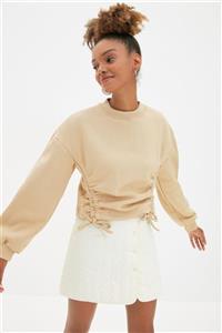 TRENDYOLMİLLA Camel Büzgü Detaylı Crop Örme Şardonlu Sweatshirt TWOAW22SW0884