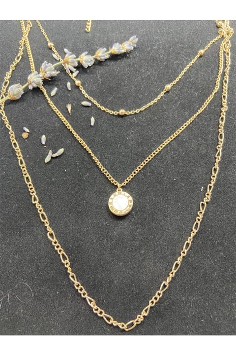Gigi Jewelleryy Kadın Çelik Gold Sedef Taşlı Üçlü Kolye