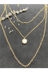 Gigi Jewelleryy Kadın Çelik Gold Sedef Taşlı Üçlü Kolye