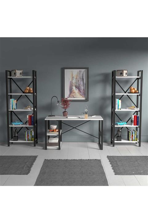 Evdemo Beyaz Adel Çalışma Masası Kitaplık Takımı