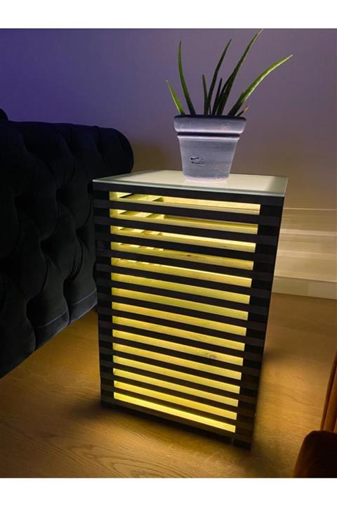 Pronto Reklam Pronto Dizayn Masif Ahşap Led Işıklı Komodin 30x30x60 Cm