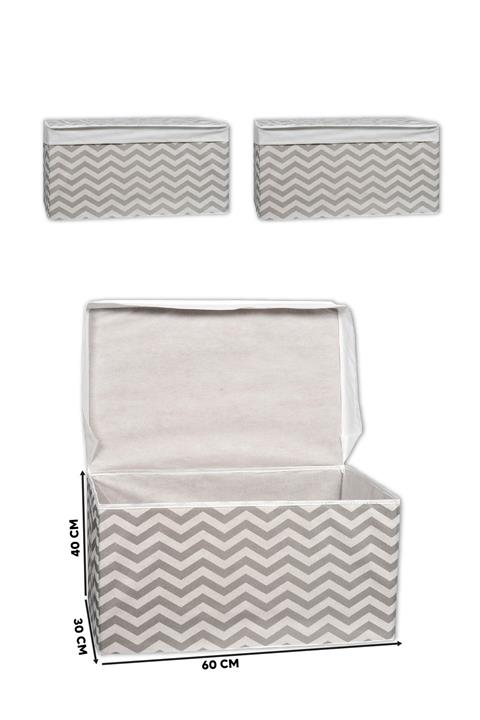 FLAVO HOME 3'lü Çok Amaçlı Mega Plus Saklama Kutusu Seti 60x40x30cm Zigzag Desenli Gri