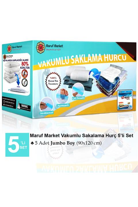 ÜLBAG Marufmarket Vakumlu Saklama Poşet Seti 5’li 90x120cm (JUMBO BOY) Yastık,kışlık Elbise,battaniye Yorg
