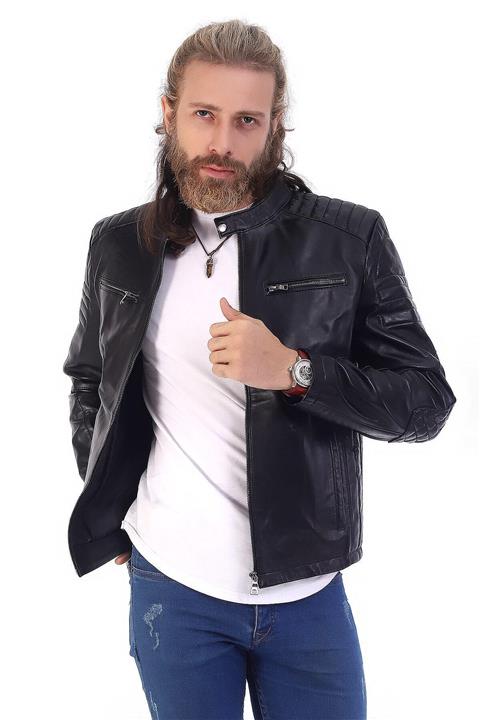 EMFURE Erkek Siyah Motorcu Spor Deri Mont Çıtçıt Yaka Hb006