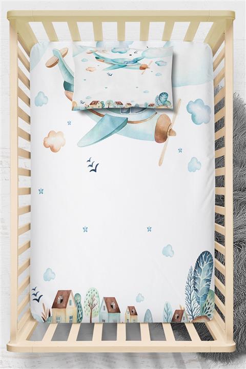 Osso Halı Osso Mavi Uçak Şehirli 3d Desenli Lastikli  Çarşaf Takımı 70x140cm