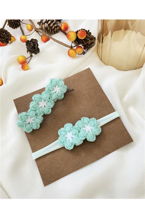 Derinkids Anne Kız Mint Yeşili Örgü Papatya Bandana Seti