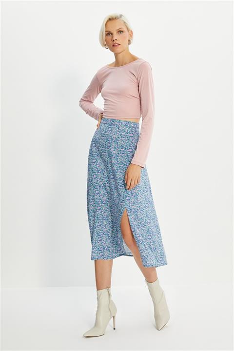 TRENDYOLMİLLA Mavi Çiçek Desenli Yırtmaç Detaylı Etek TWOSS20ET0230
