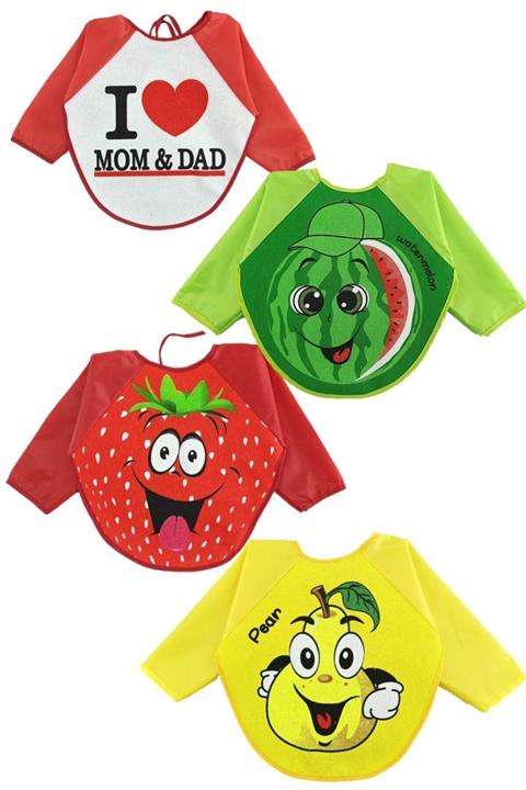 ÖZLEM BEBE 4 Adet ( Mom Çilek Karpuz Armut ) Desenli Bebek Mama Önlüğü