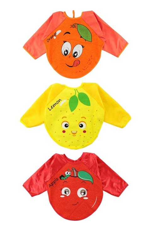 Malkoç Unisex Bebek 3 Adet Portakal Elma Limon Desenli Mama Önlüğü