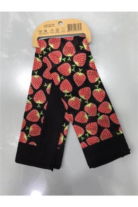 Sammaan Unisex Siyah Kırmızı Çilek Desenli Pamuklu Bandana