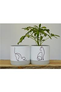 bahcebeton Büyük Boy Kedi Lineart Beton Saksı 2'li