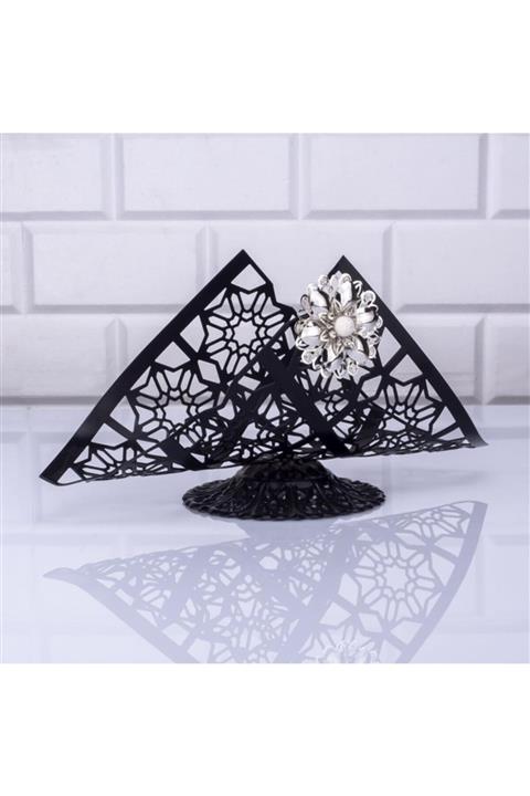 çilekev Siyah Üçgen Dekoratif Gümüş Çiçekli Peçetelik