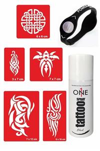 ONE SPRAY TATTOO Tribal Desenler Dövmesi Geçici Dövme Seti Siyah Sprey, 5 Desen Ve Denge Bilekliği